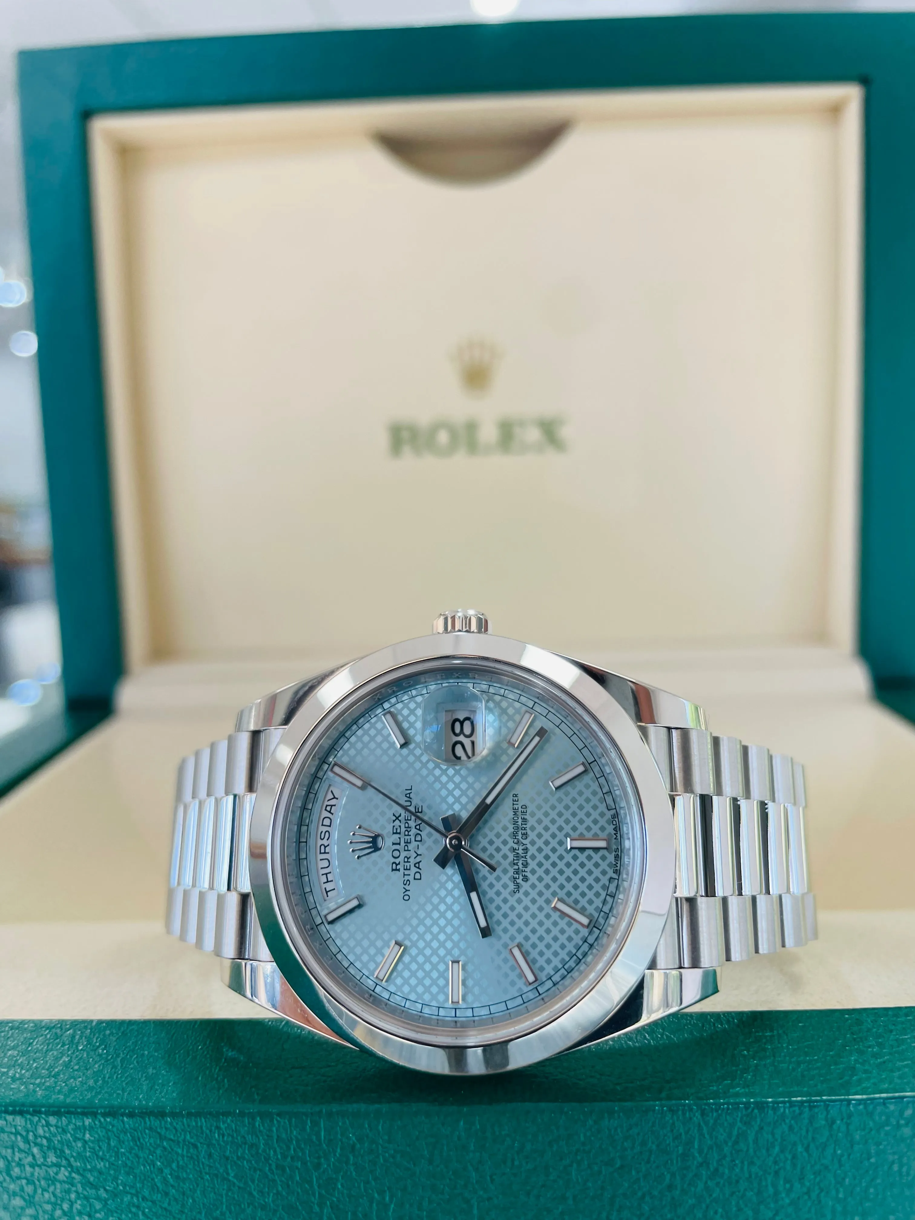 Rolex Platinum President Day Date 40 Glacier Blue Stick Motif 228206 BLURP Box and Papers PreOwned