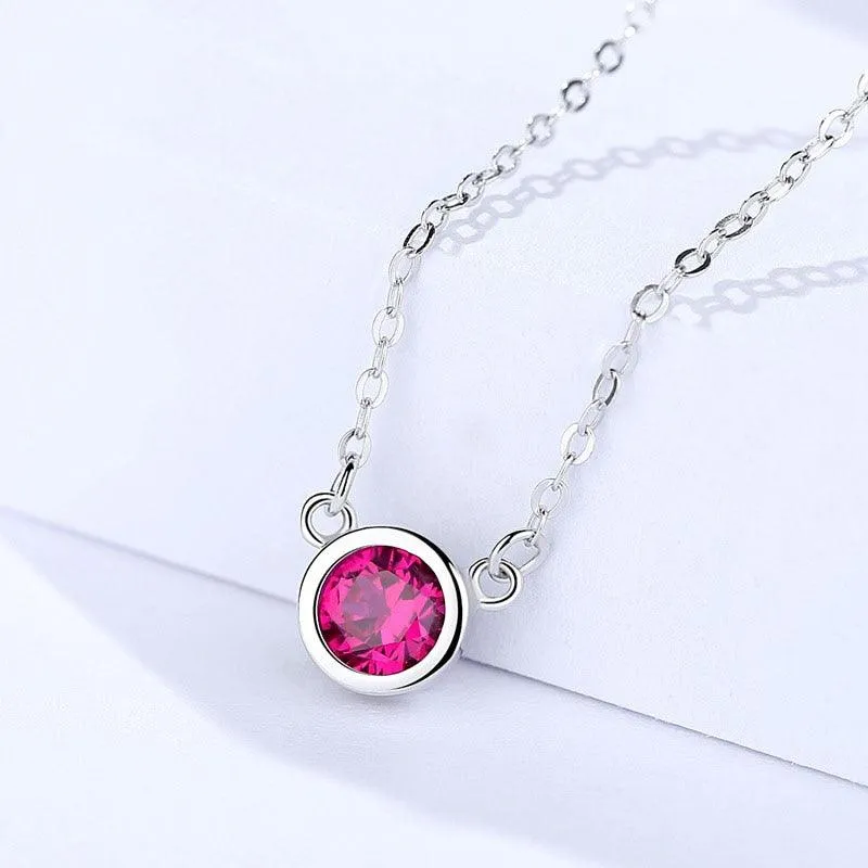 Romantic 925 Sterling Silver Necklace for Women with Rose Red Cubic Zircon Pendant