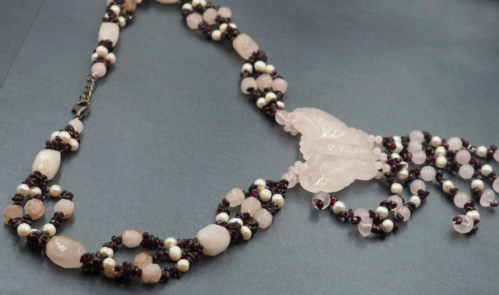 Rose Quartz, Garnet & Freshwater Pearl Necklace