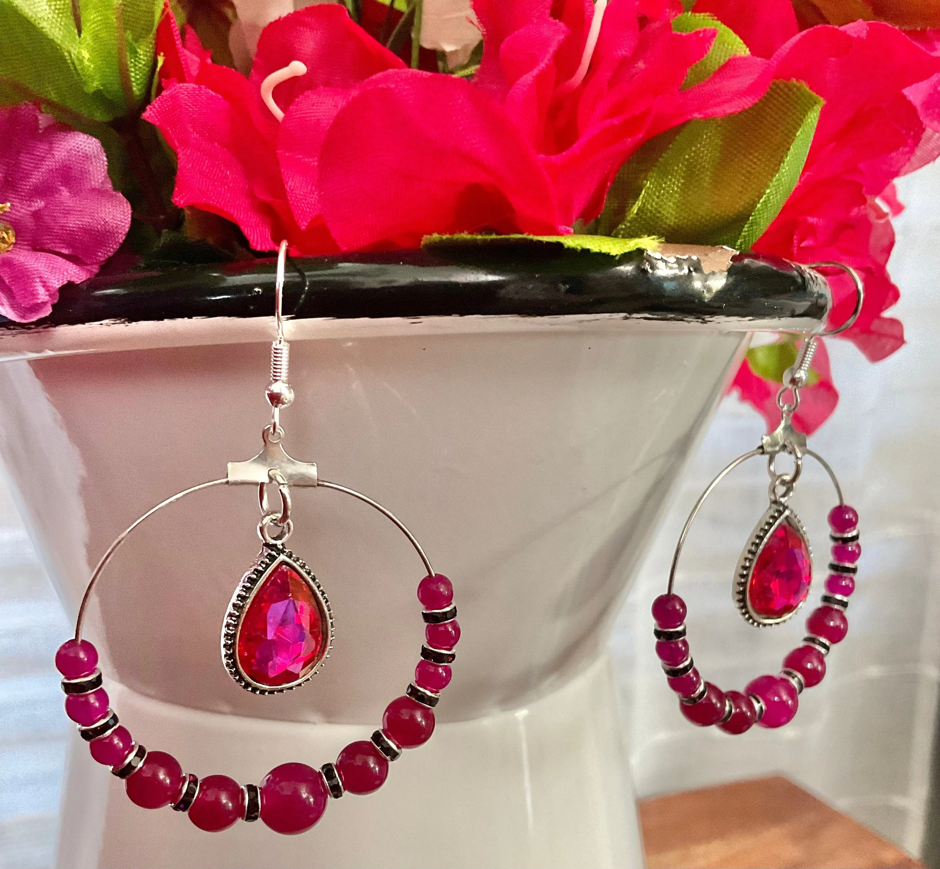 Rose Red Earrings |  Round Stones | Deep Purple Rhinestone Spacers | Sparkling Rose Pink Charm | Handmade Jewelry | Gifts for Her | Presents