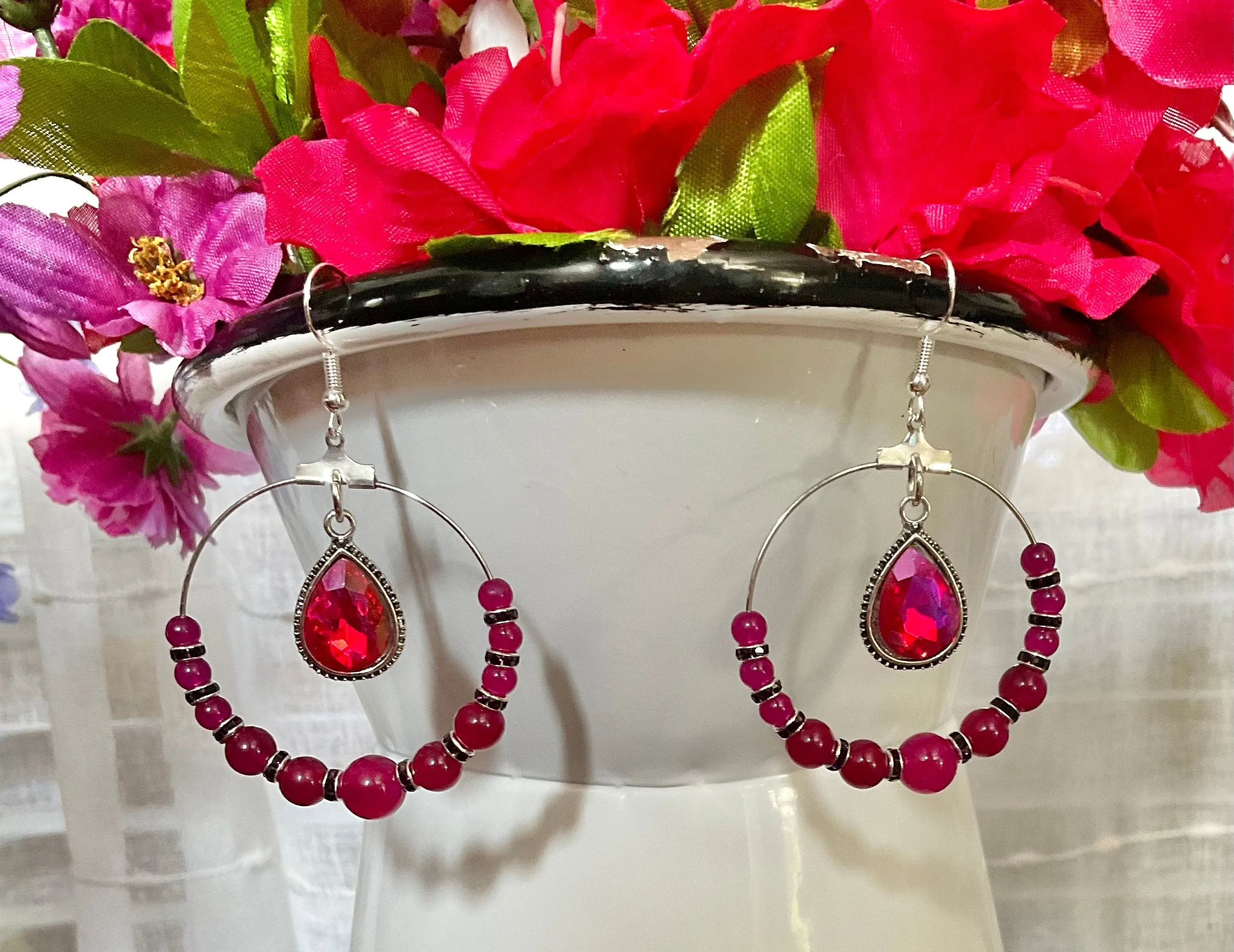 Rose Red Earrings |  Round Stones | Deep Purple Rhinestone Spacers | Sparkling Rose Pink Charm | Handmade Jewelry | Gifts for Her | Presents