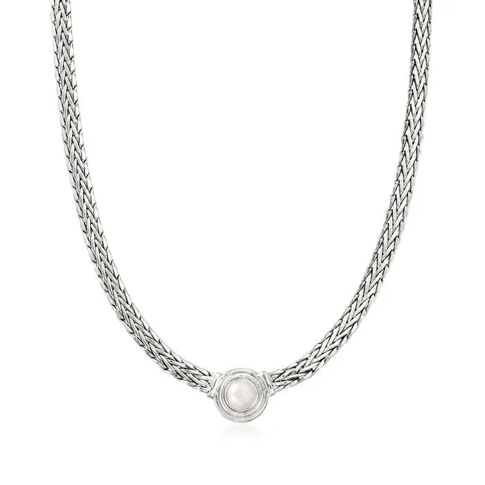 Ross-Simons 8mm Cultured Pearl Flat Sterling Wheat-Chain Necklace