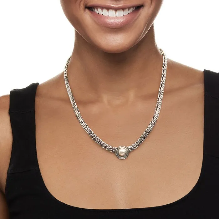 Ross-Simons 8mm Cultured Pearl Flat Sterling Wheat-Chain Necklace