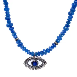 Rough Cut Sapphire Bead Necklace with Diamond Evil Eye