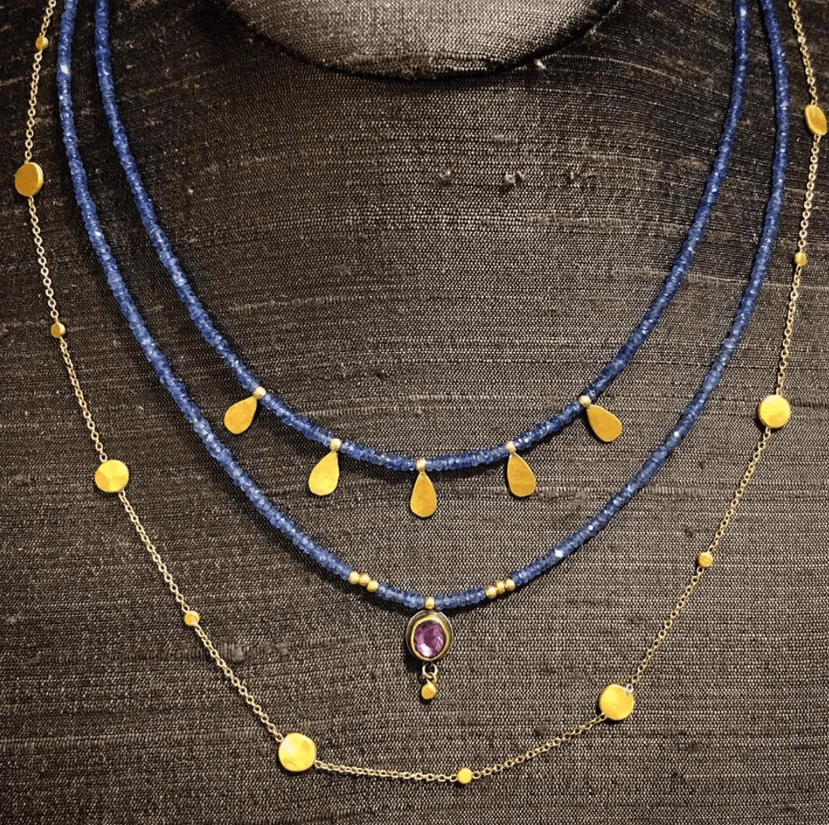 Sapphire Beaded Necklace with Gold Teardrops