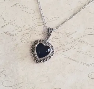 Sapphire Blue Heart Pendant Necklace Silver Marcasite