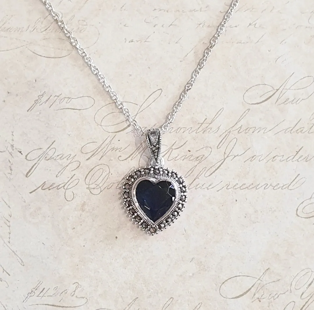 Sapphire Blue Heart Pendant Necklace Silver Marcasite