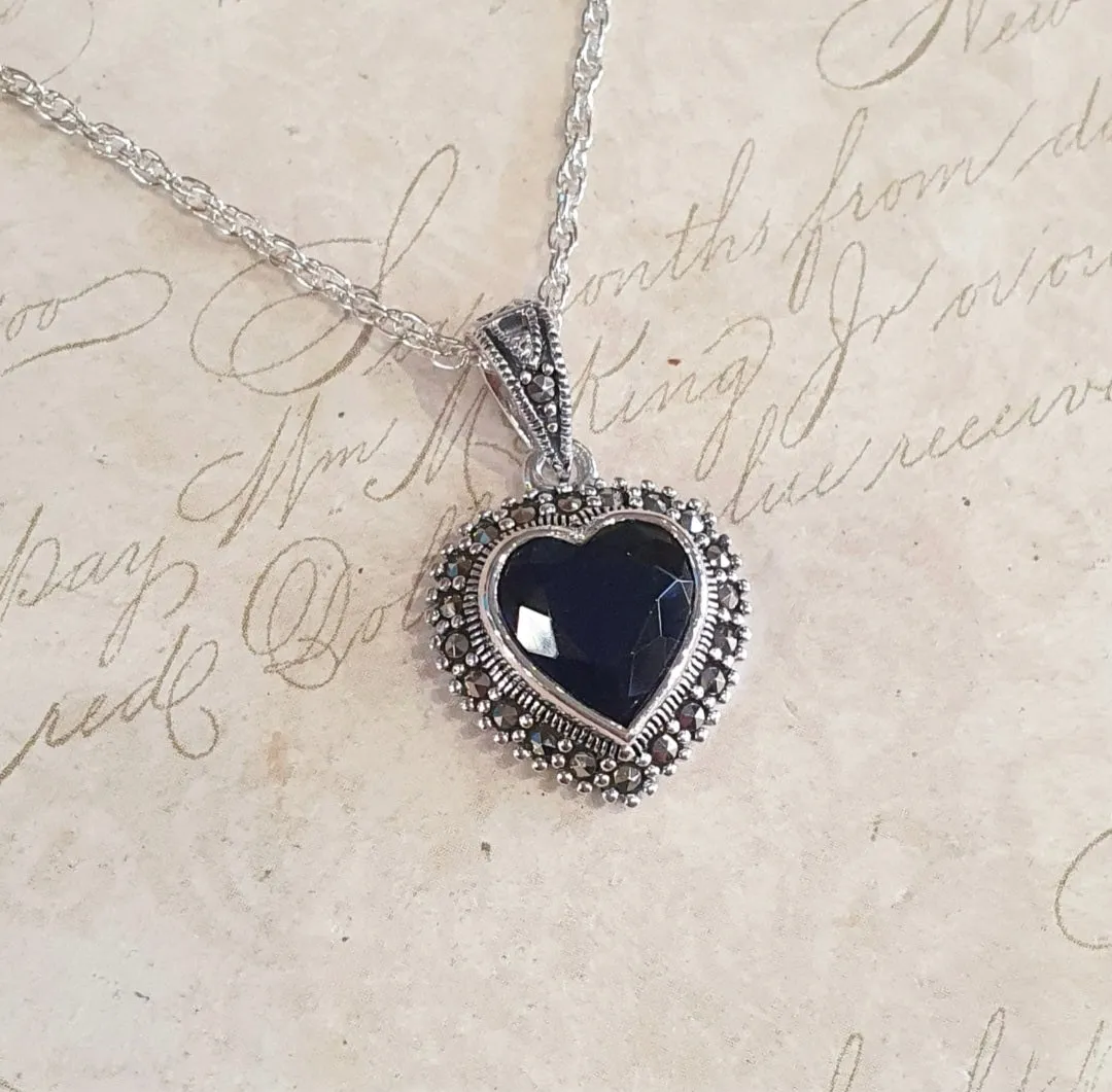 Sapphire Blue Heart Pendant Necklace Silver Marcasite