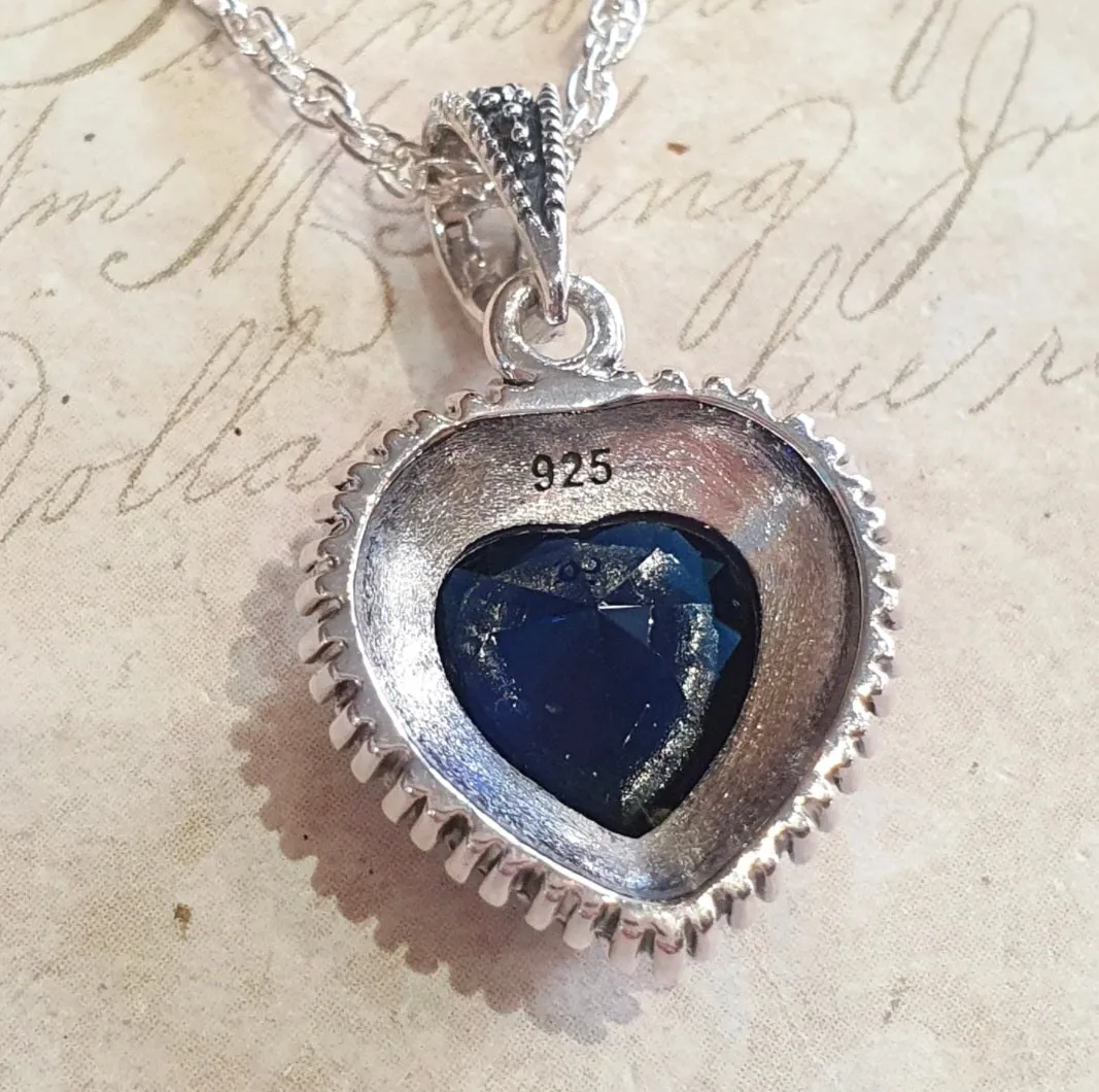 Sapphire Blue Heart Pendant Necklace Silver Marcasite