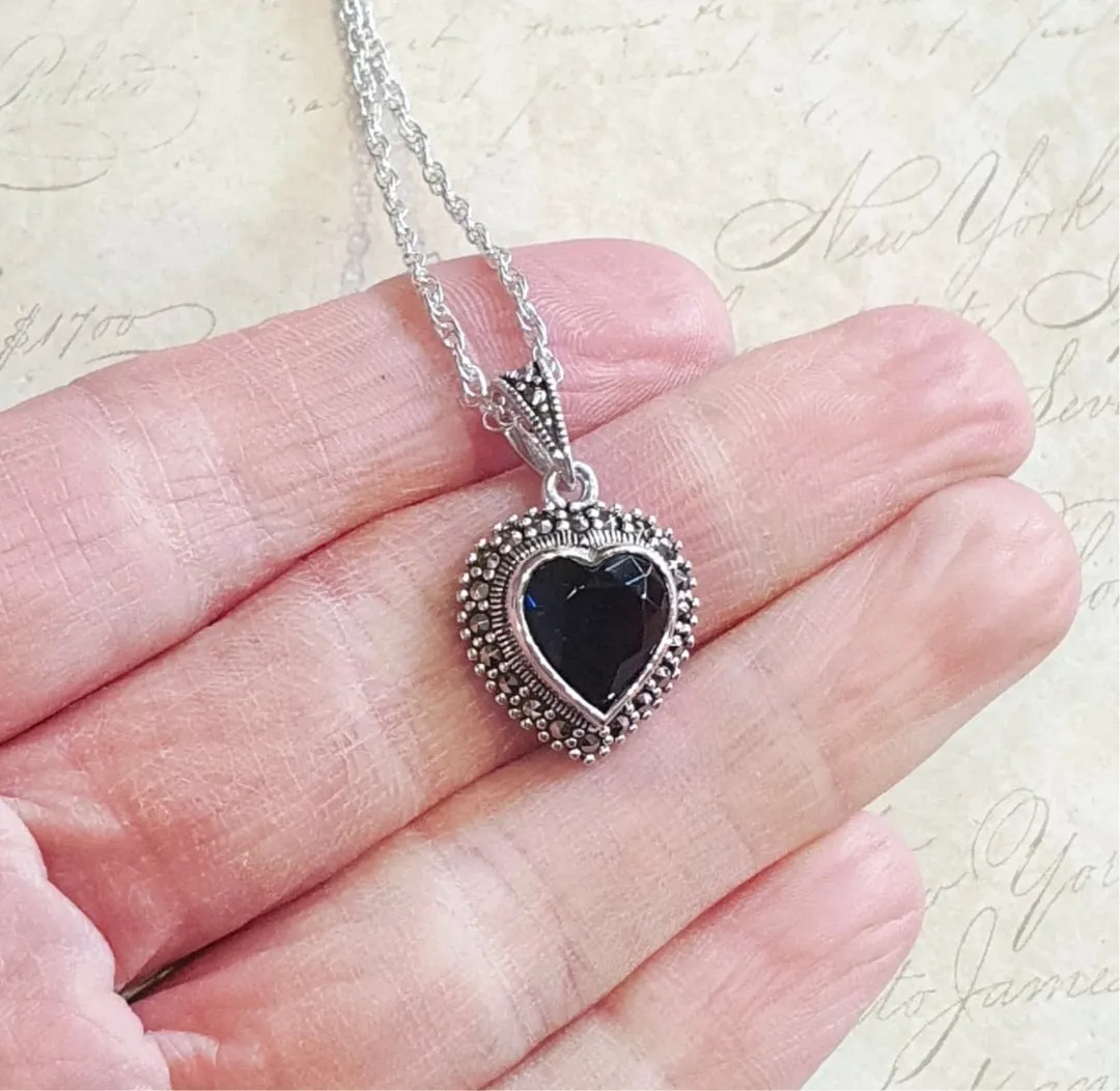 Sapphire Blue Heart Pendant Necklace Silver Marcasite