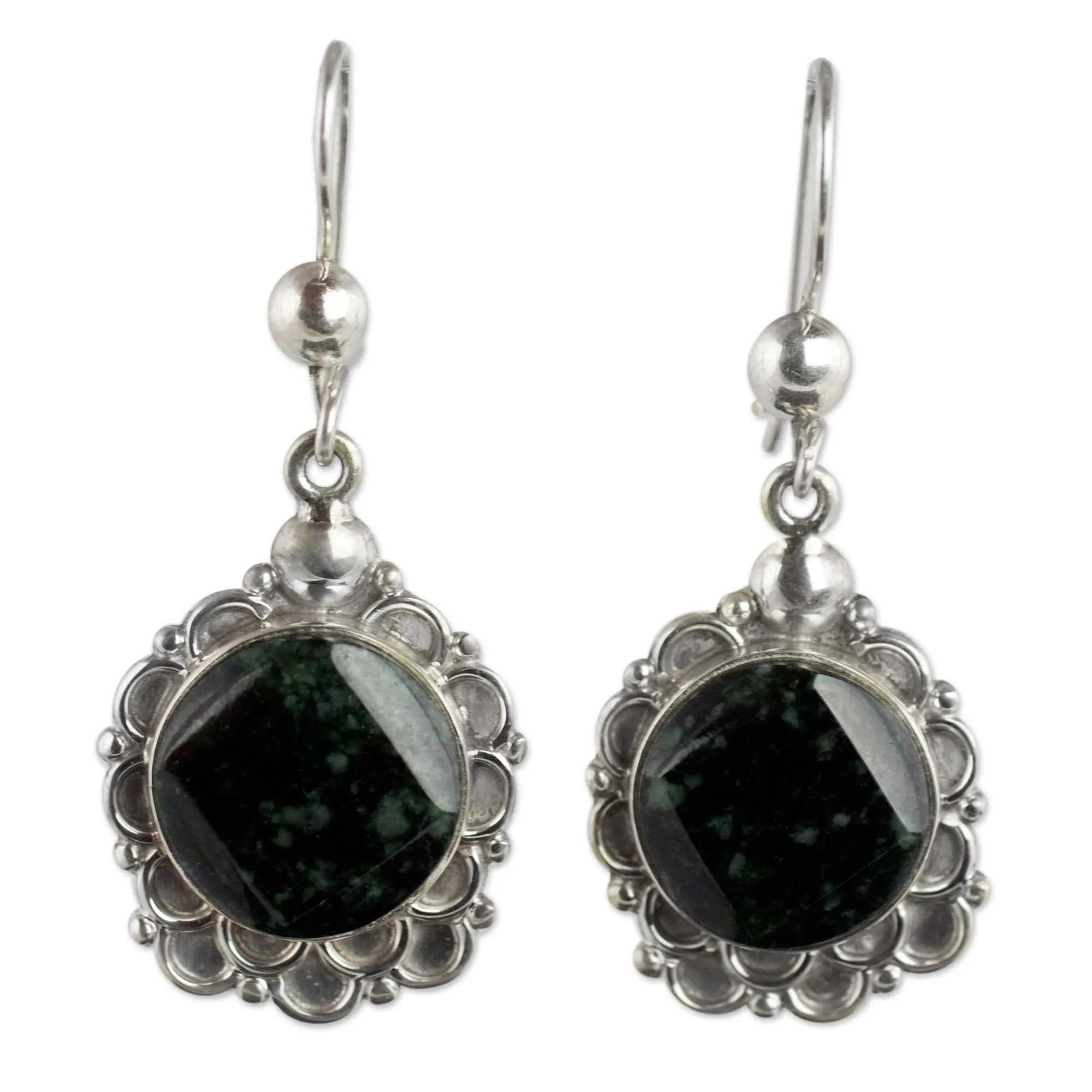 Silver and Dark Green Jade Floral Earrings - Shadow Blossom | NOVICA