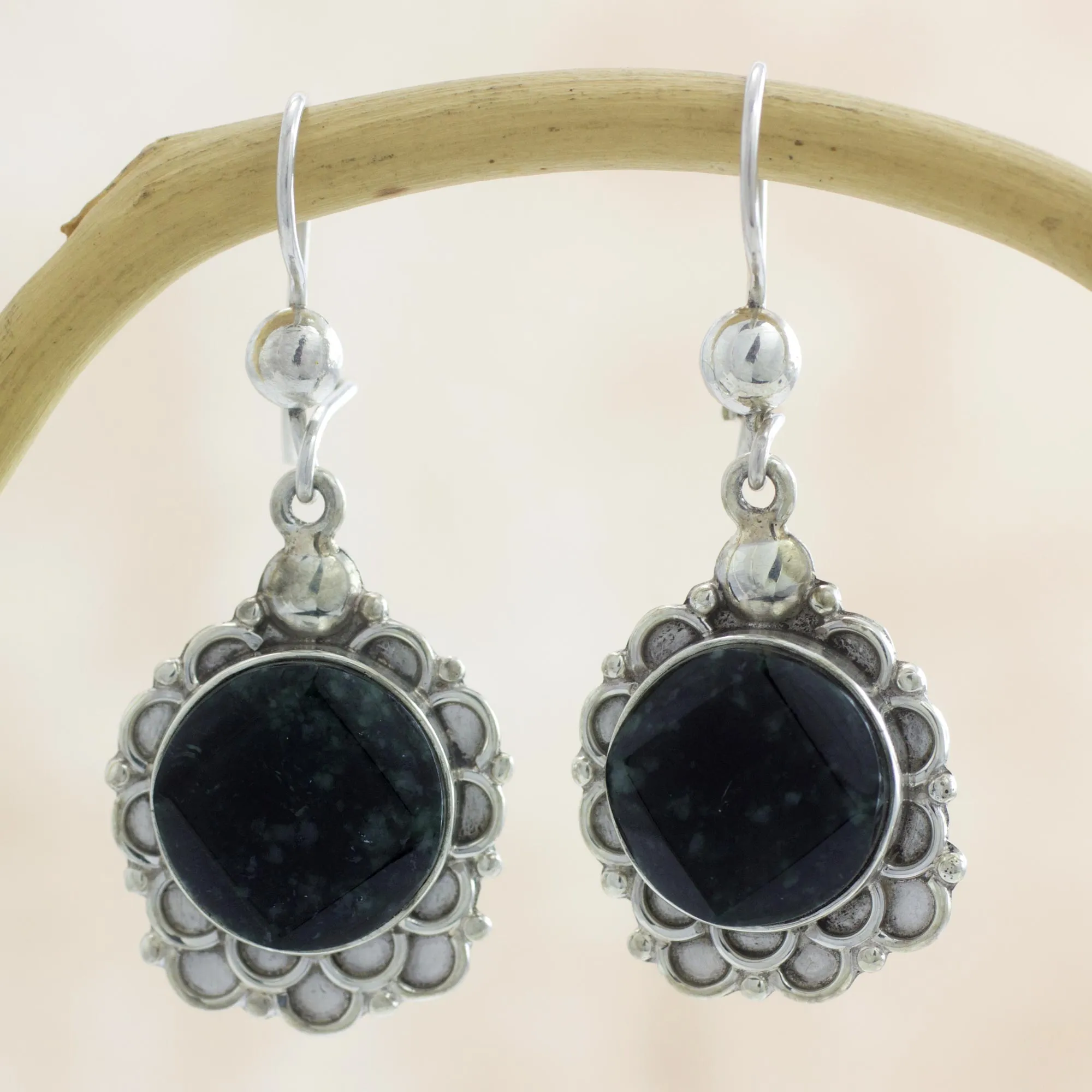 Silver and Dark Green Jade Floral Earrings - Shadow Blossom | NOVICA