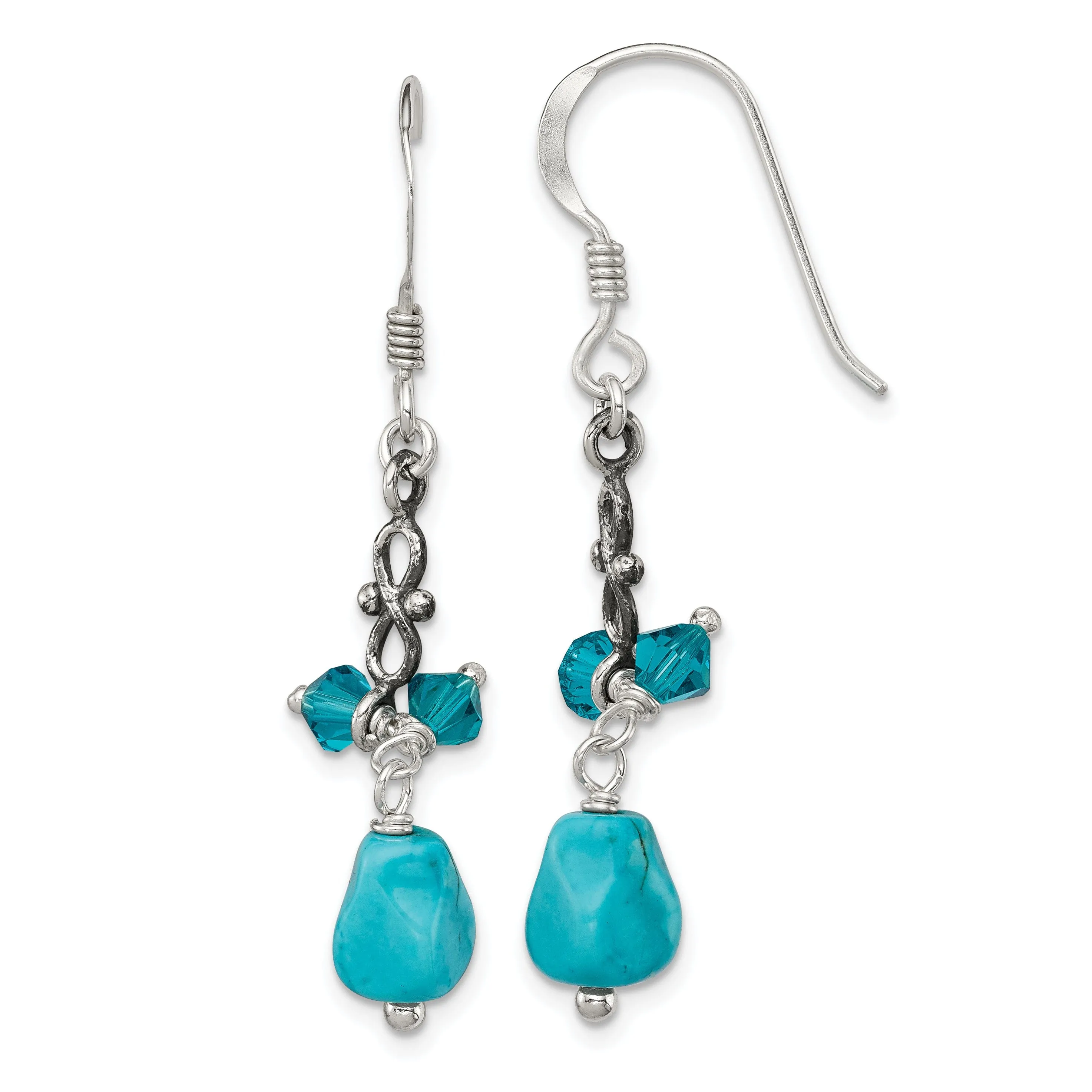 Silver Turquoise Blue Crystal Antiqued Earrings