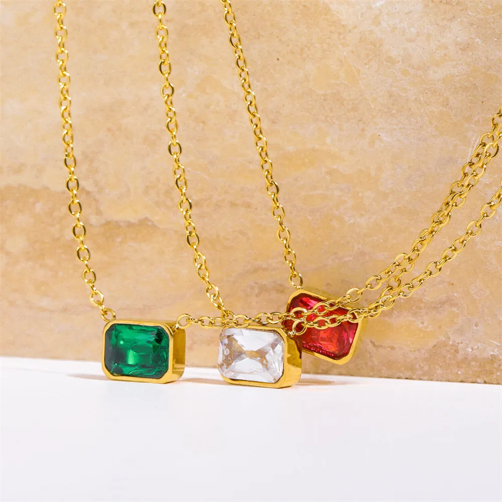 Simple Stainless Steel Square Zircon Three-color Necklace