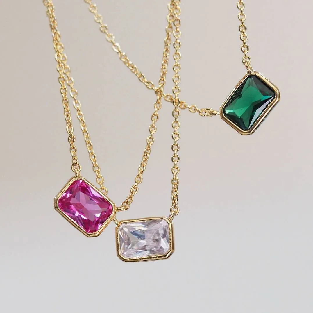 Simple Stainless Steel Square Zircon Three-color Necklace