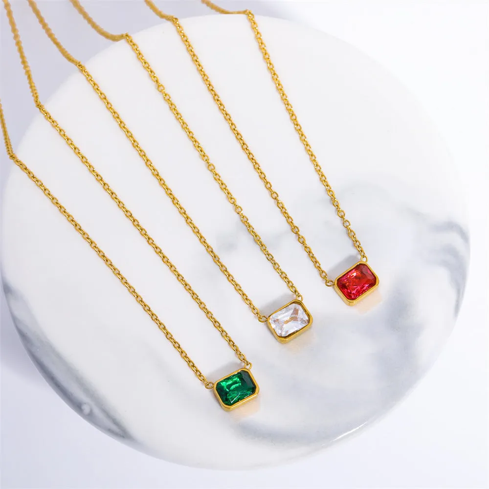 Simple Stainless Steel Square Zircon Three-color Necklace