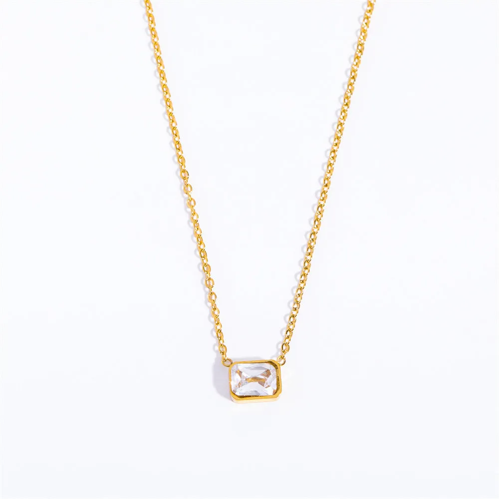 Simple Stainless Steel Square Zircon Three-color Necklace