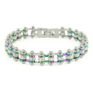 SK2207 3/8" Wide MINI MINI SIZE Two Tone Silver Rainbow With White Crystal Centers Stainless Steel Motorcycle Bike Chain Bracelet