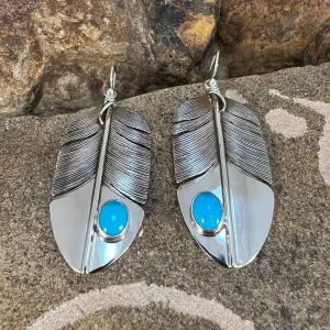 Sleeping Beauty Turquoise Sterling Sliver Feather Earrings by Lena Platero