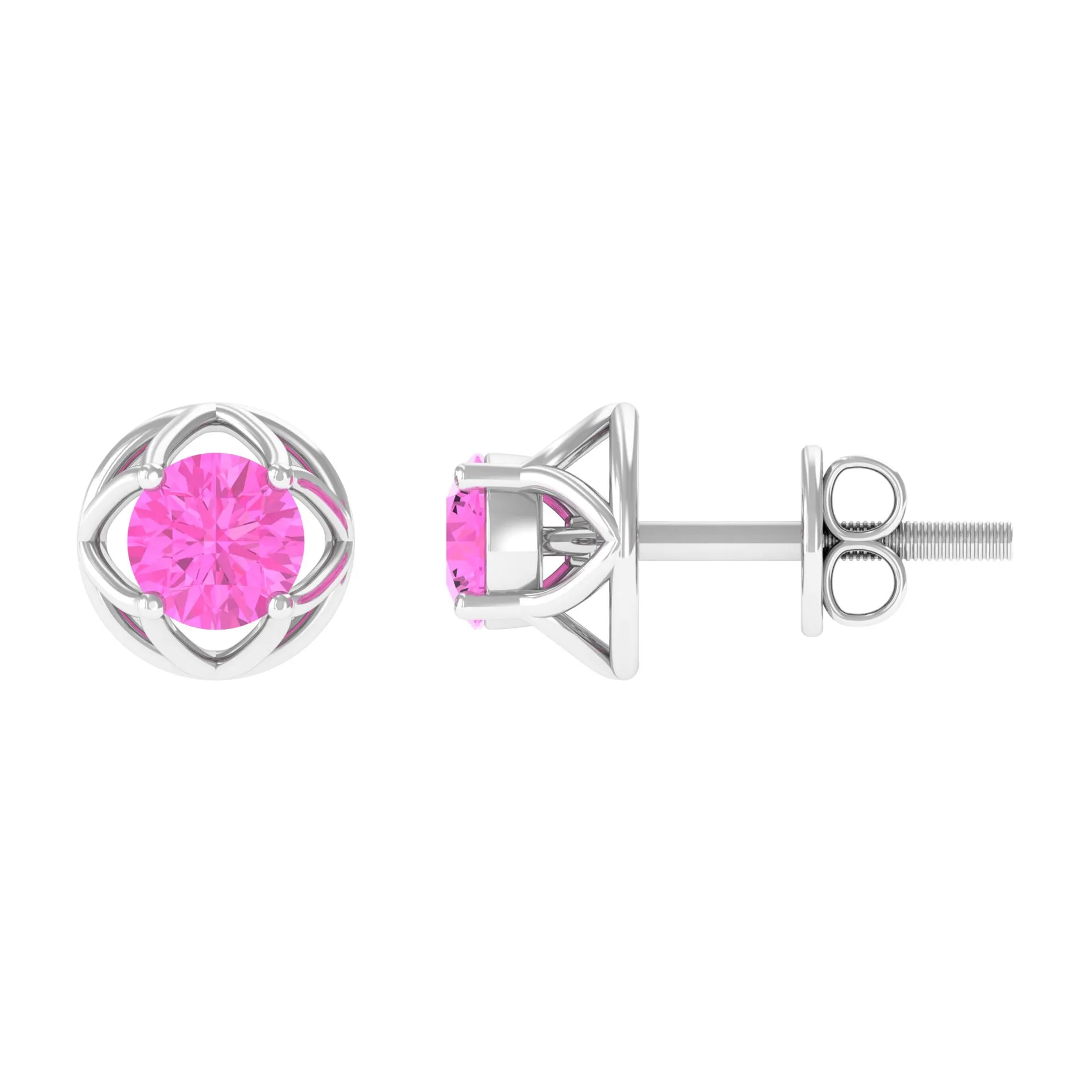 Solitaire Pink Sapphire Flower Stud Earrings