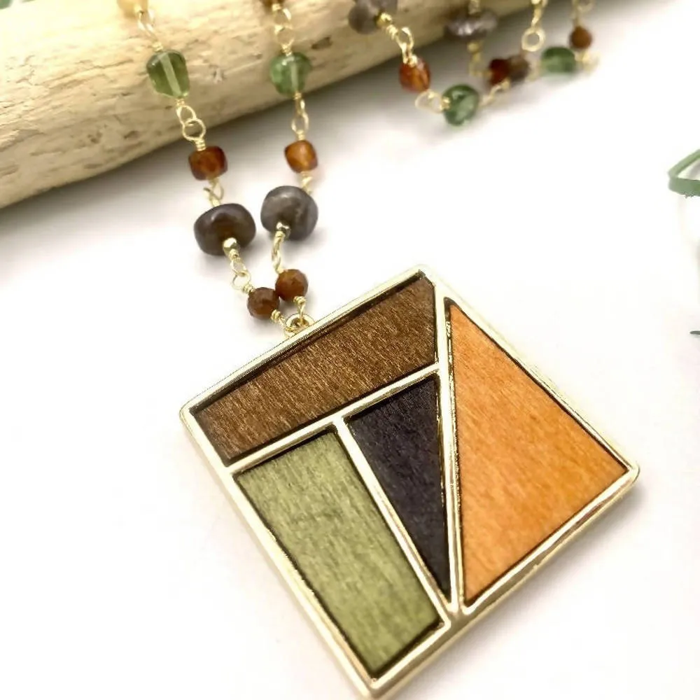 Square Wooden Mosaic Pendant Necklace