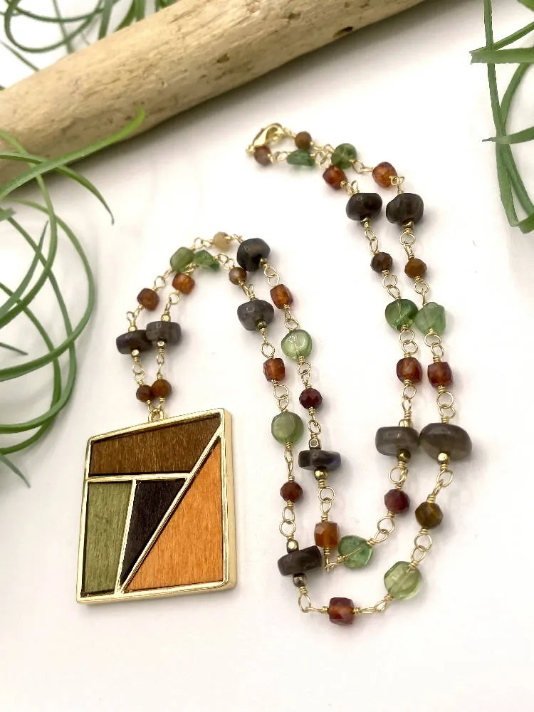 Square Wooden Mosaic Pendant Necklace