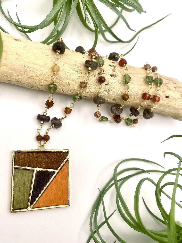 Square Wooden Mosaic Pendant Necklace