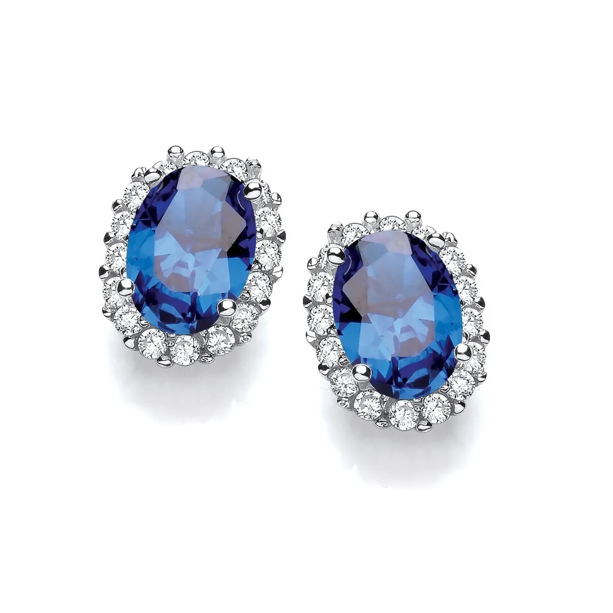 Sterling Silver Blue Sapphire CZ Oval Cluster Stud Earrings