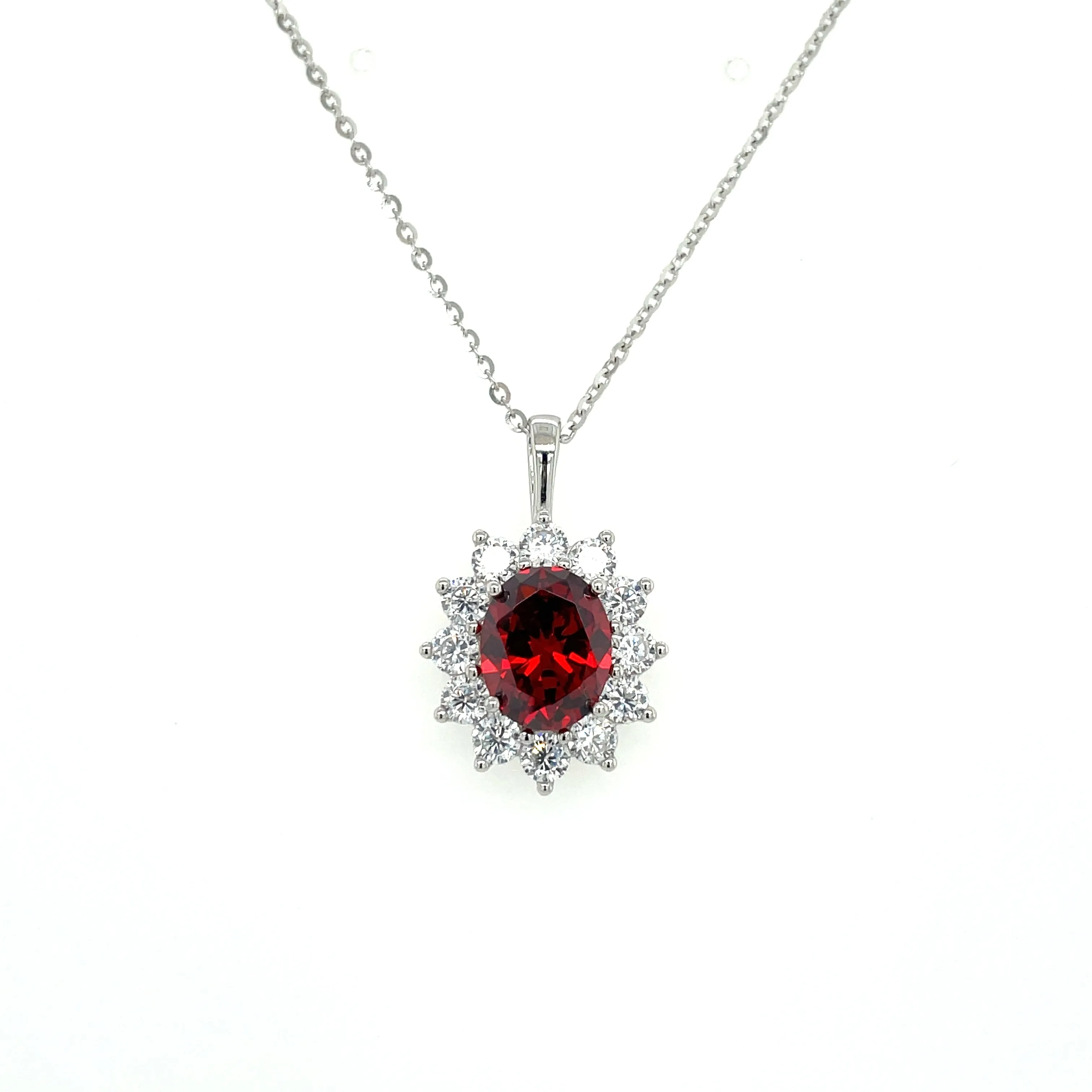 Sterling Silver Princess Di Style Garnet CZ Halo Pendant