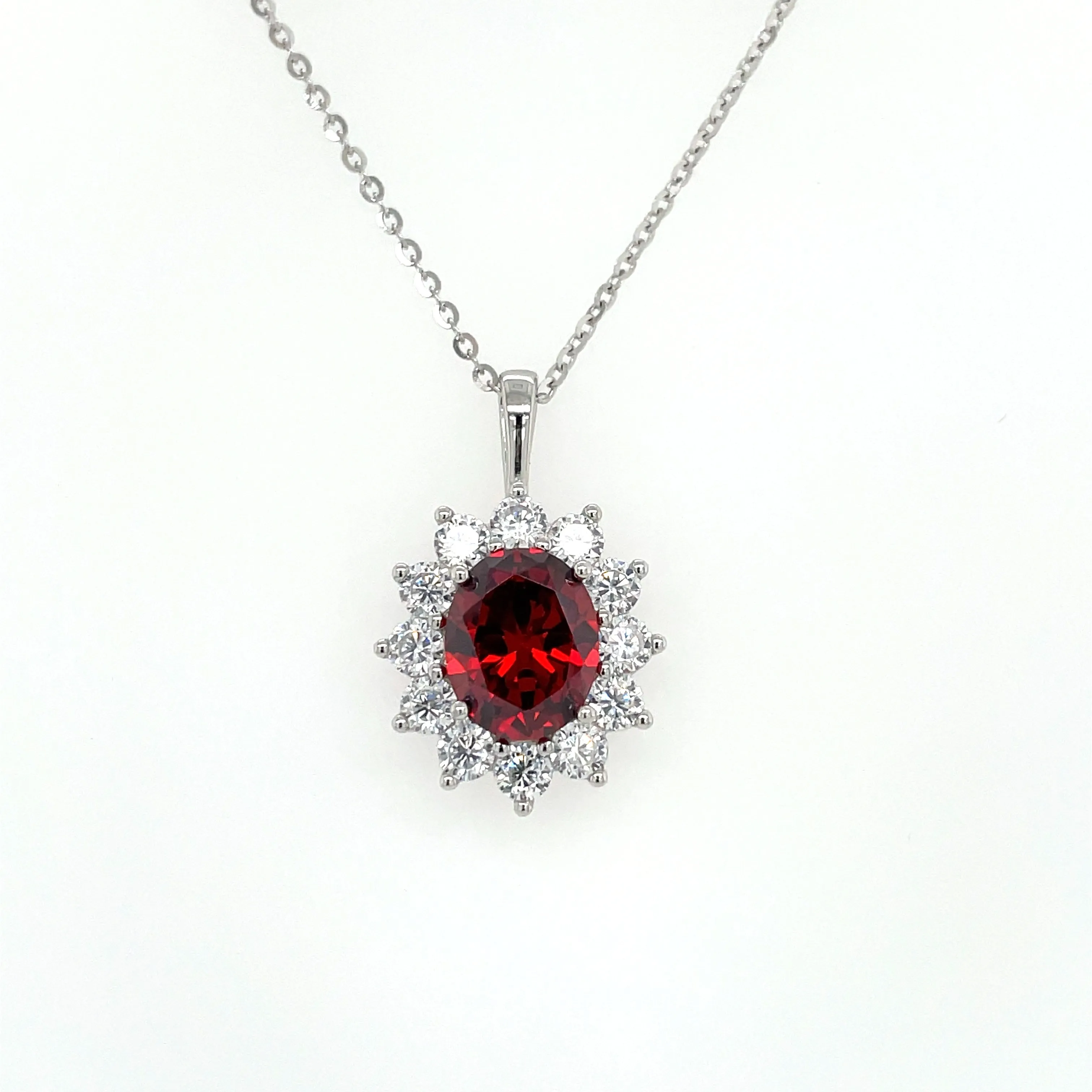 Sterling Silver Princess Di Style Garnet CZ Halo Pendant