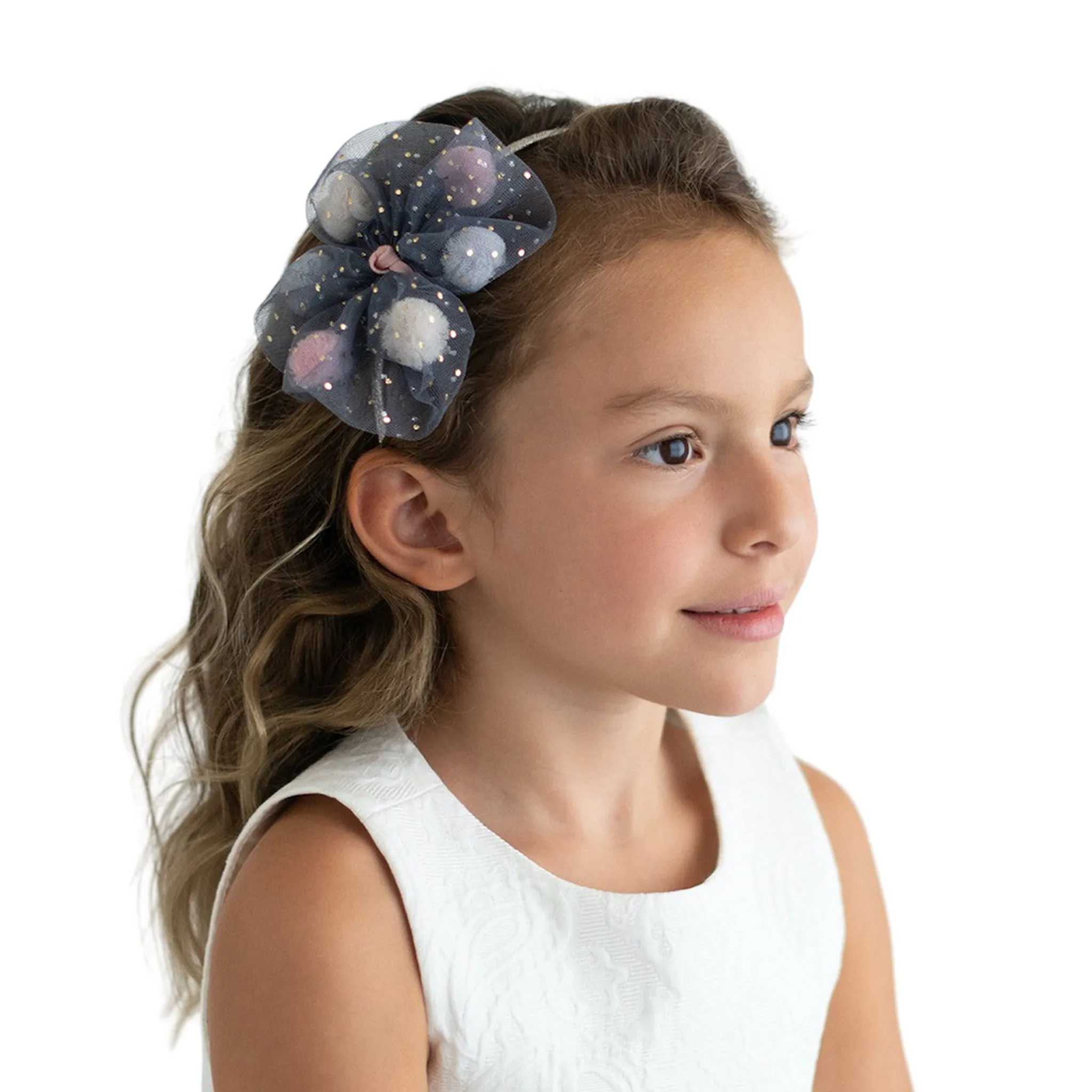 Summer Crystal Mesh Tulle Pompons Bow Headband