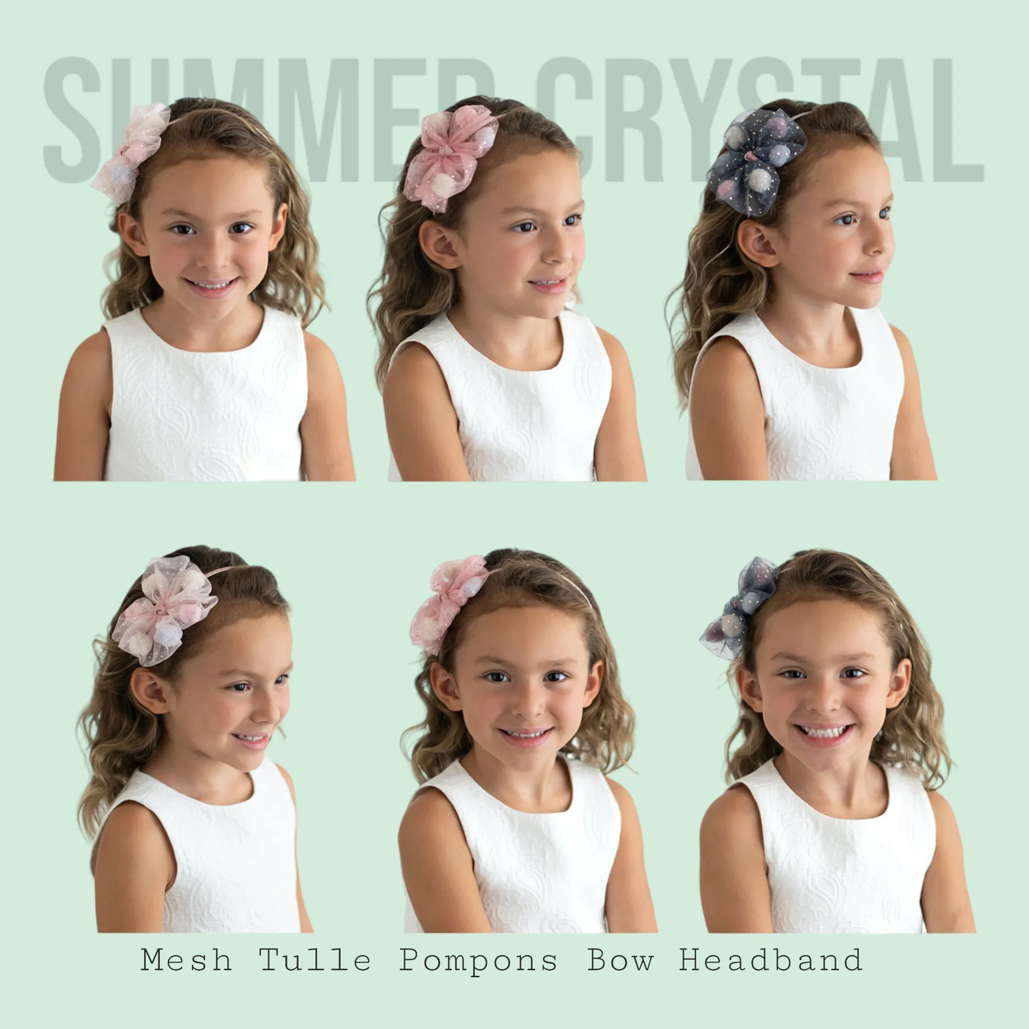 Summer Crystal Mesh Tulle Pompons Bow Headband