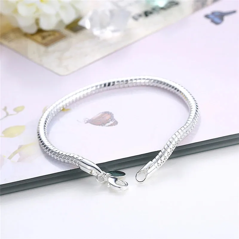 Suyixian 925 Sterling Silver 3mm Snake Chain 8 inches Basis Bracelet For Woman Charm Wedding Engagement Fashion Party Jewelry