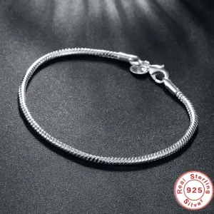 Suyixian 925 Sterling Silver 3mm Snake Chain 8 inches Basis Bracelet For Woman Charm Wedding Engagement Fashion Party Jewelry