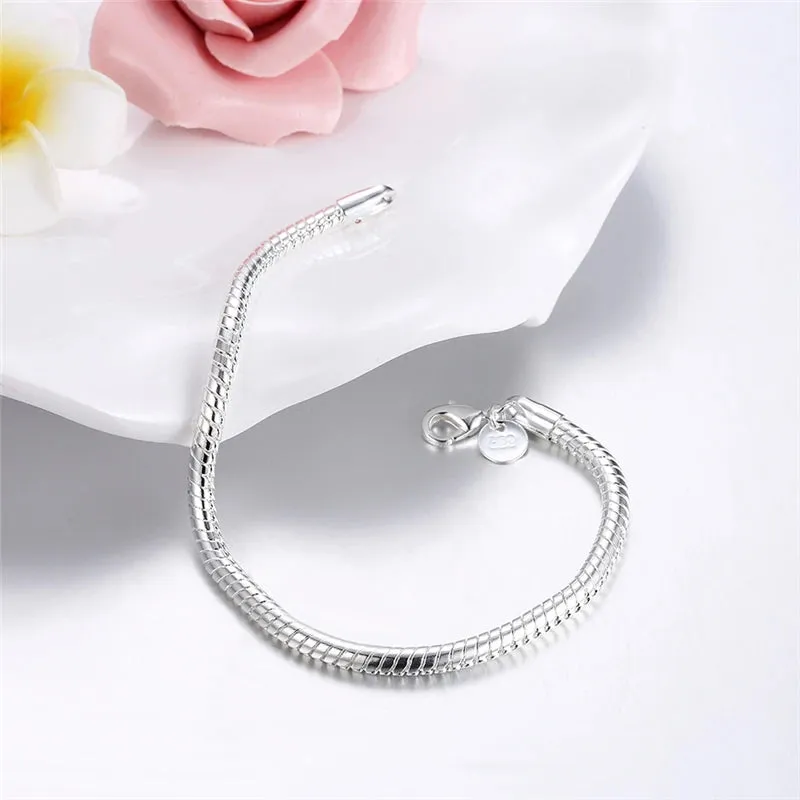 Suyixian 925 Sterling Silver 3mm Snake Chain 8 inches Basis Bracelet For Woman Charm Wedding Engagement Fashion Party Jewelry