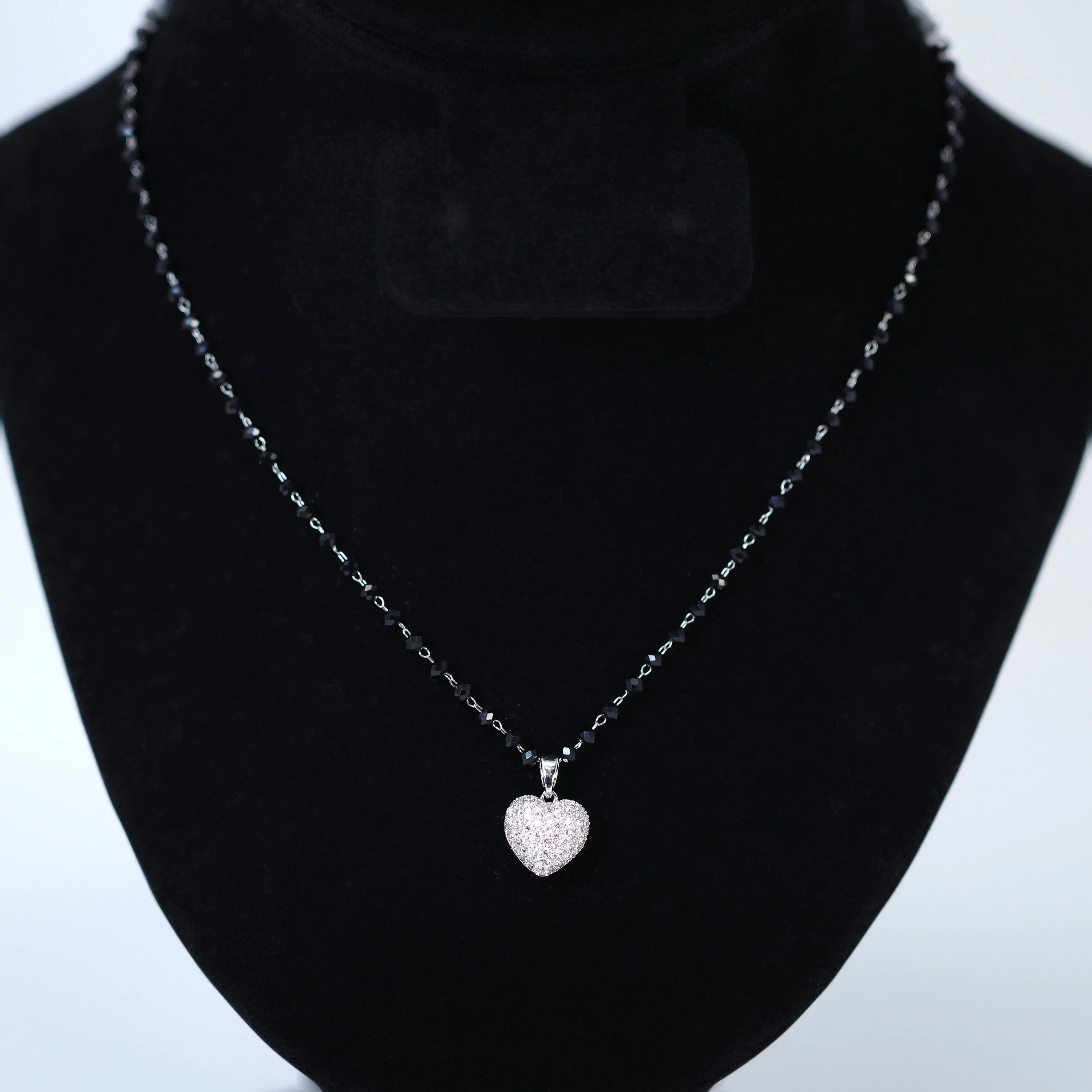 Swarovski Crystal black Beaded Chain Shinny Heart Pendant Necklace , Valentine's Day Gift For Her, Galentine's Day,  Statement Necklace Cz