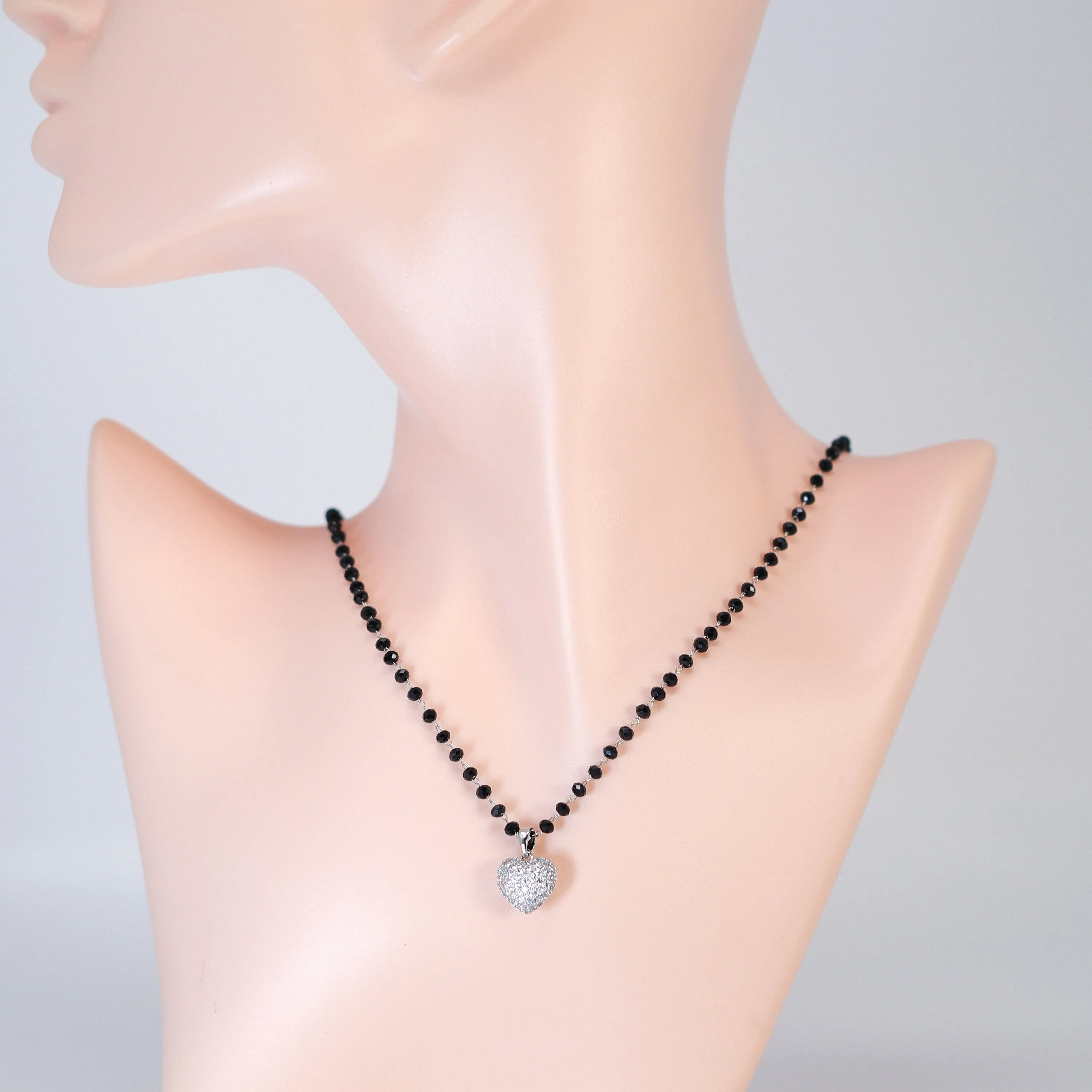 Swarovski Crystal black Beaded Chain Shinny Heart Pendant Necklace , Valentine's Day Gift For Her, Galentine's Day,  Statement Necklace Cz