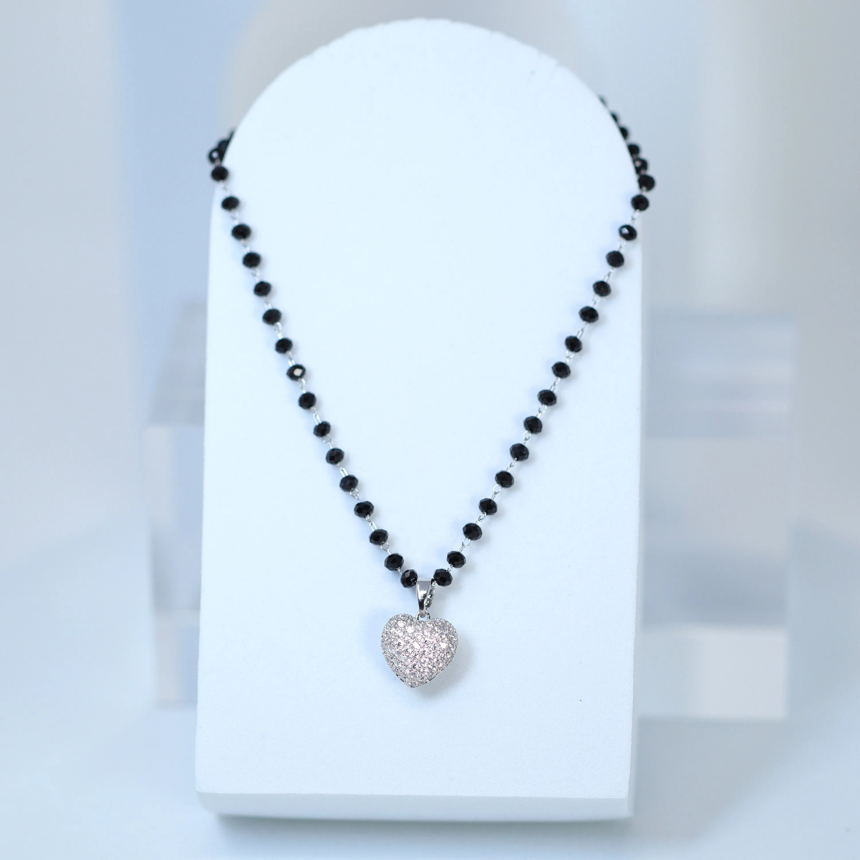 Swarovski Crystal black Beaded Chain Shinny Heart Pendant Necklace , Valentine's Day Gift For Her, Galentine's Day,  Statement Necklace Cz