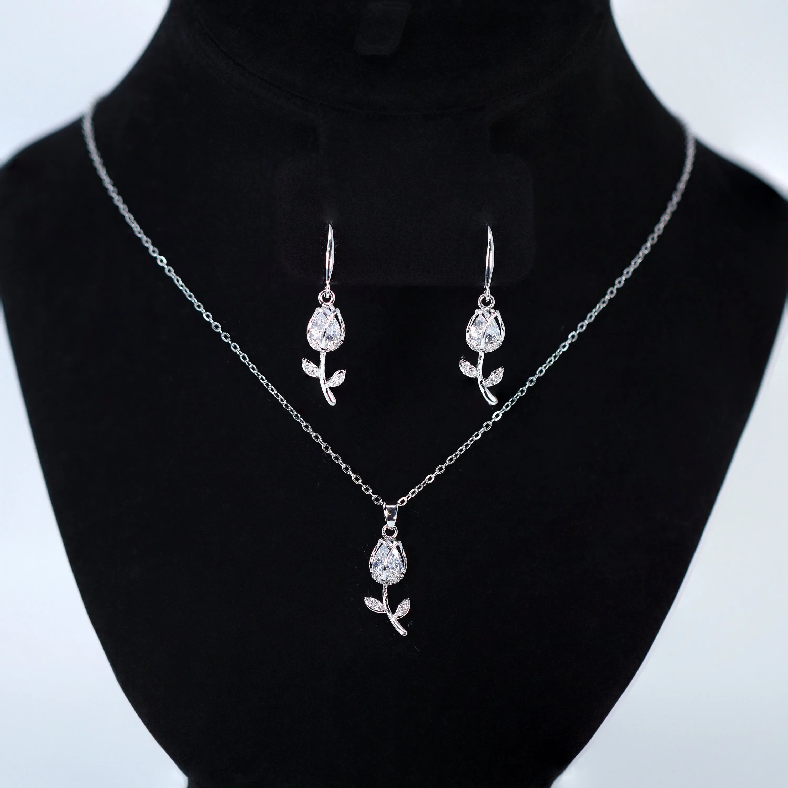 Swarovski Crystal Dainty Rose Drop Necklace , Bridal Jewelry, Bridal Earrings, Statement Earrings Cz, Necklace Set, Valentines Gift.