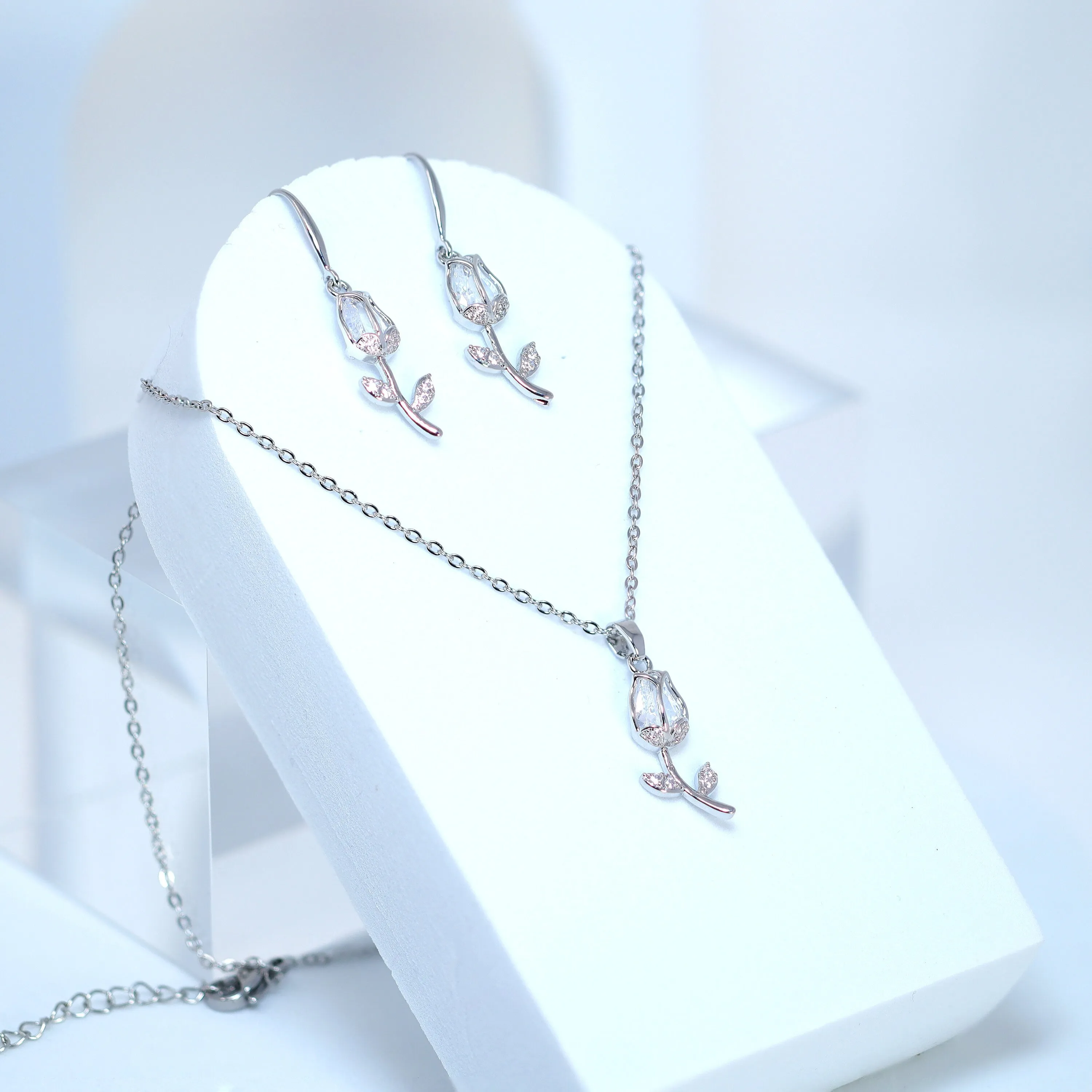 Swarovski Crystal Dainty Rose Drop Necklace , Bridal Jewelry, Bridal Earrings, Statement Earrings Cz, Necklace Set, Valentines Gift.