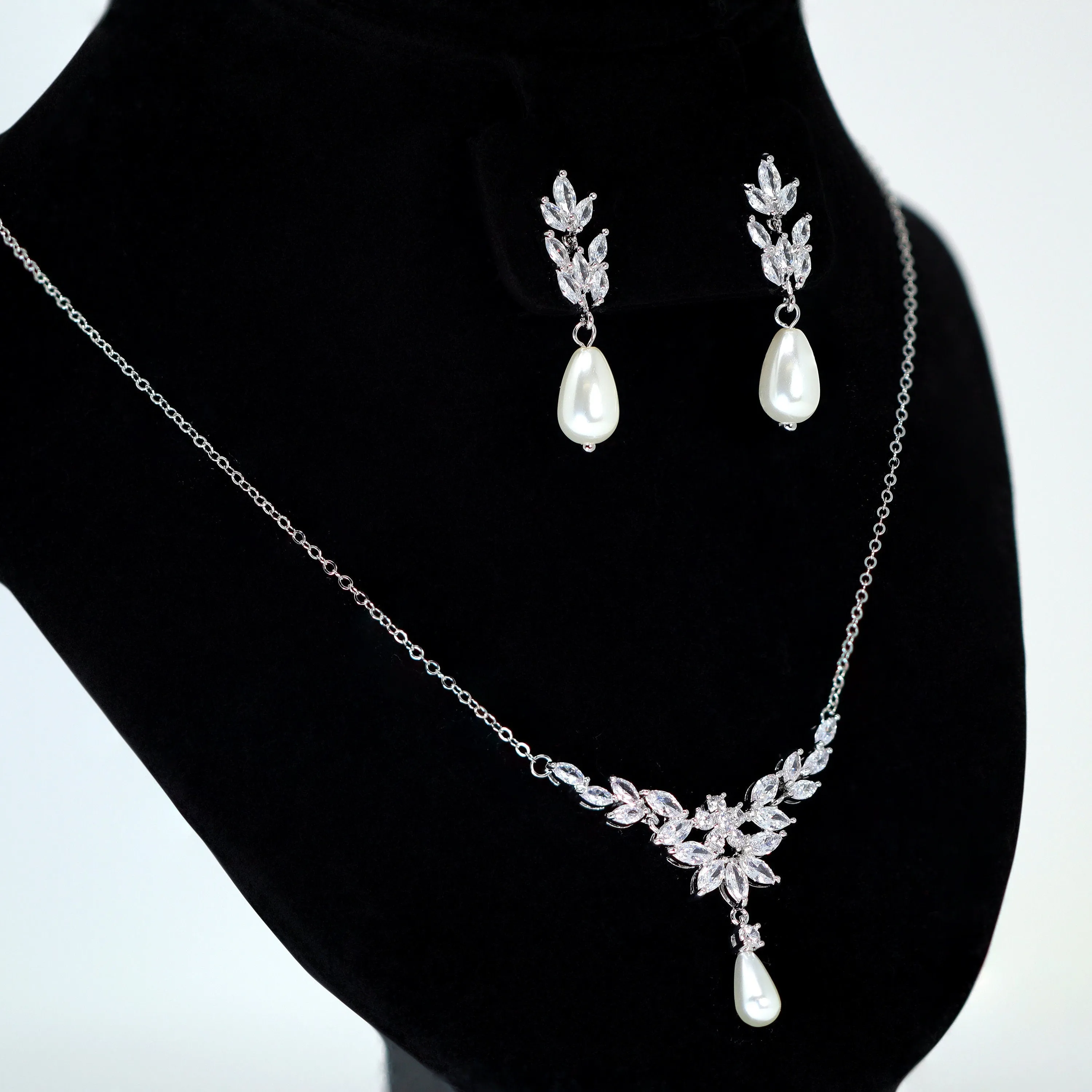 Swarovski Crystal Faux Pearl Drop Vine Leaves Necklace Set, Long Bridal Earrings And Necklace, Statement Earrings Cz