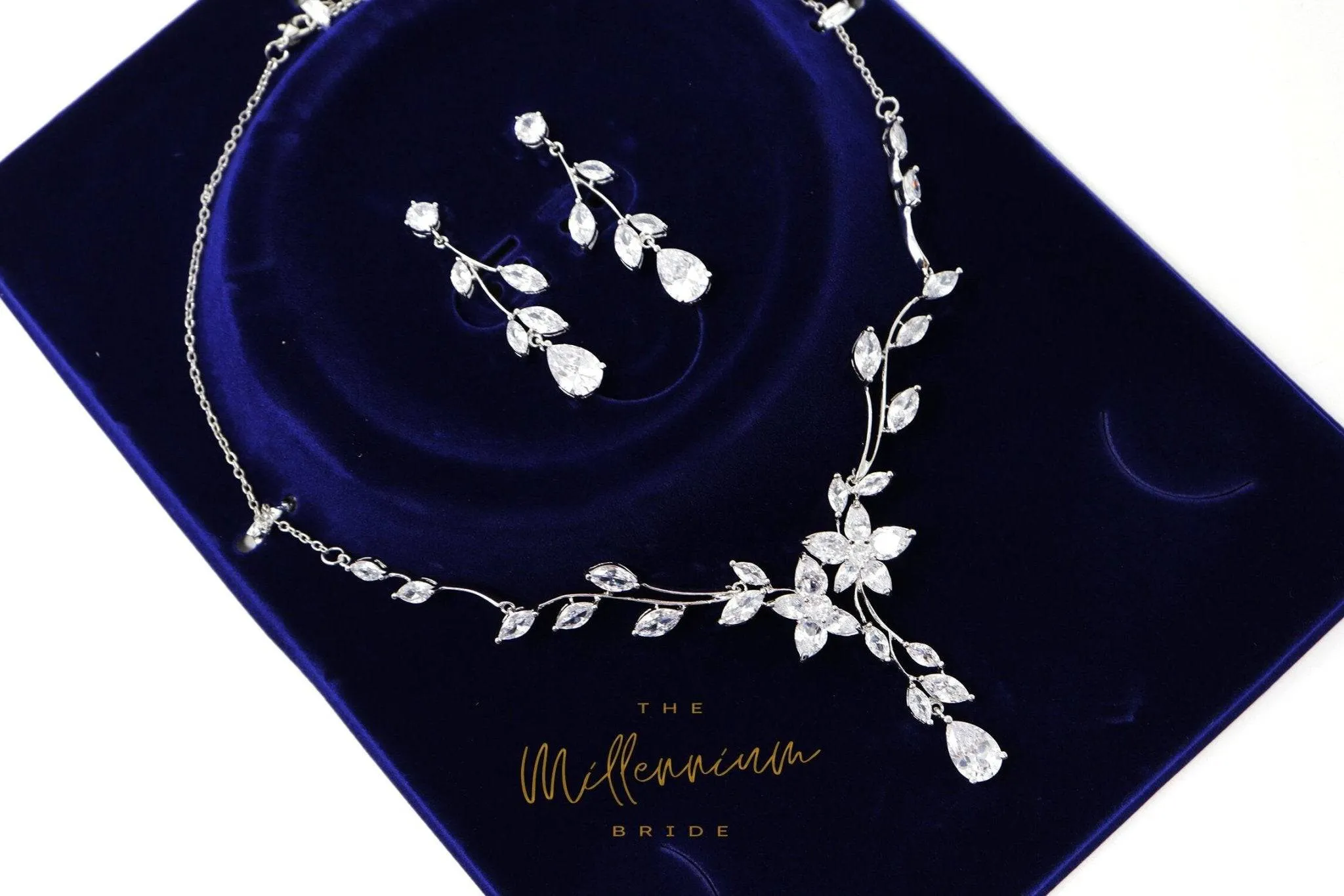 Swarovski Crystal Flower Vine Leaves Necklace, Long Bridal Jewelry, Bridal Earrings And Necklace, Statement Earrings Cz Necklace Set.