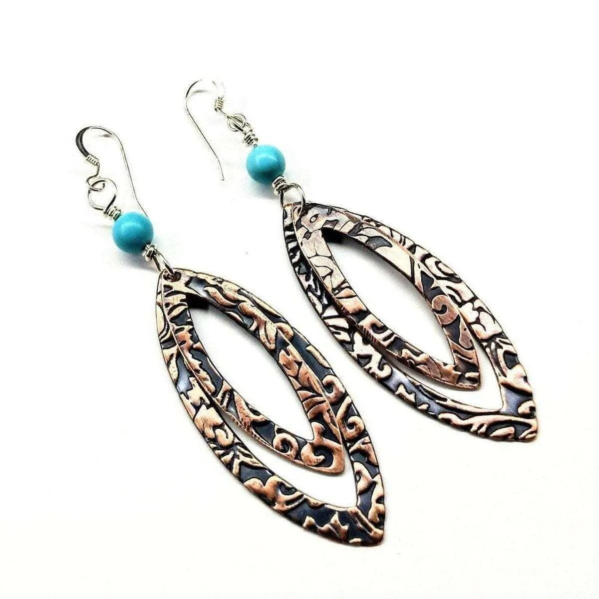 Turquoise Copper Embossed Pointed Oval Earrings