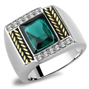 Two-Tone IP Gold (Ion Plating) Stainless Steel Ring with Synthetic Synthetic Glass in Blue Zircon for Women Style TK3295