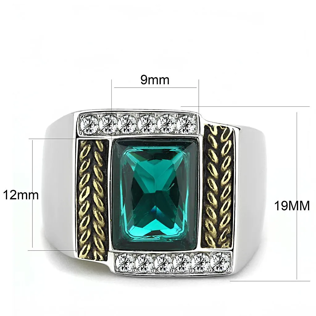 Two-Tone IP Gold (Ion Plating) Stainless Steel Ring with Synthetic Synthetic Glass in Blue Zircon for Women Style TK3295