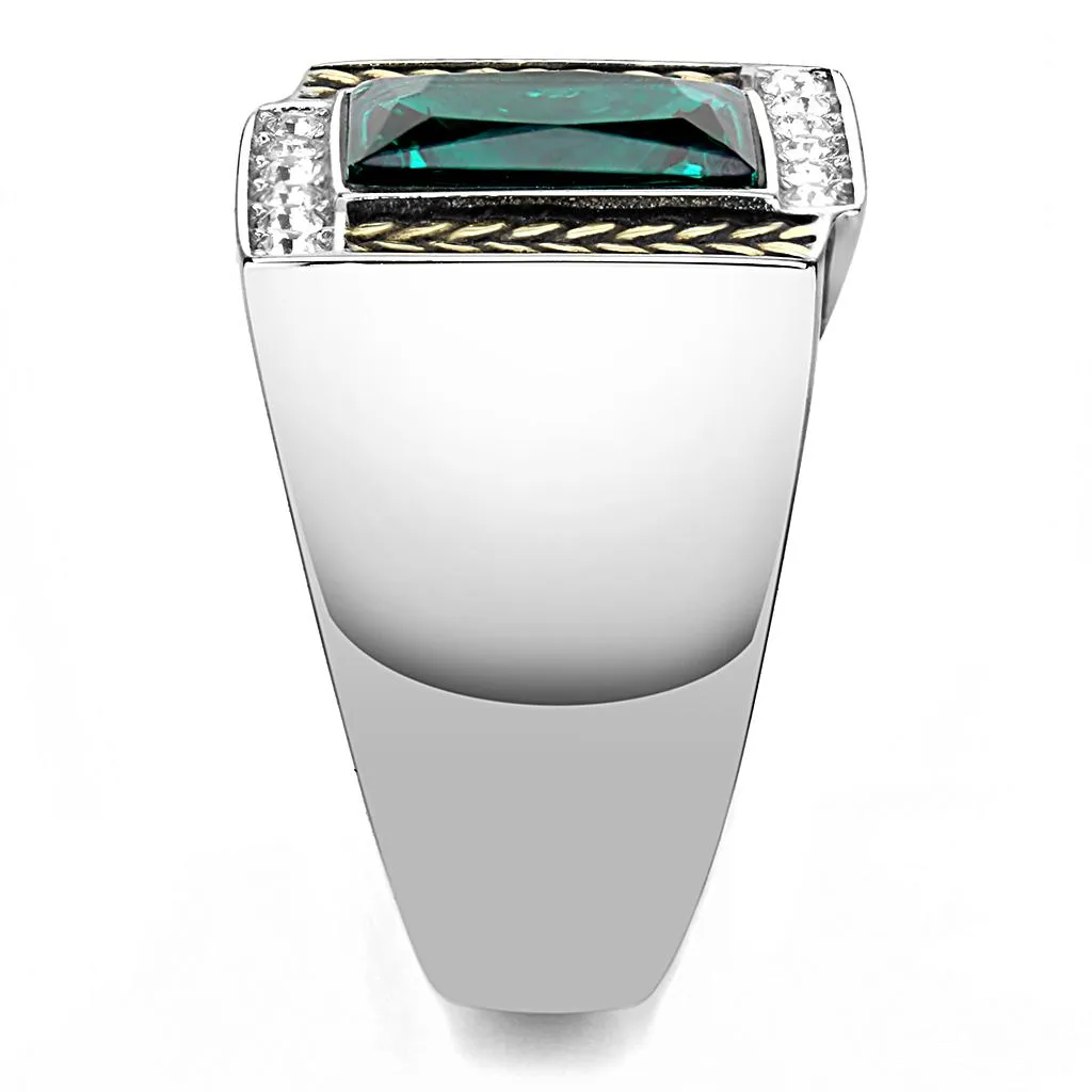 Two-Tone IP Gold (Ion Plating) Stainless Steel Ring with Synthetic Synthetic Glass in Blue Zircon for Women Style TK3295