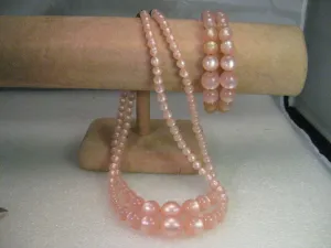 Vintage Necklace & Coiled Cuff Bracelet Set, Mid-Century, Pink Faux Moonglow, Double Strand