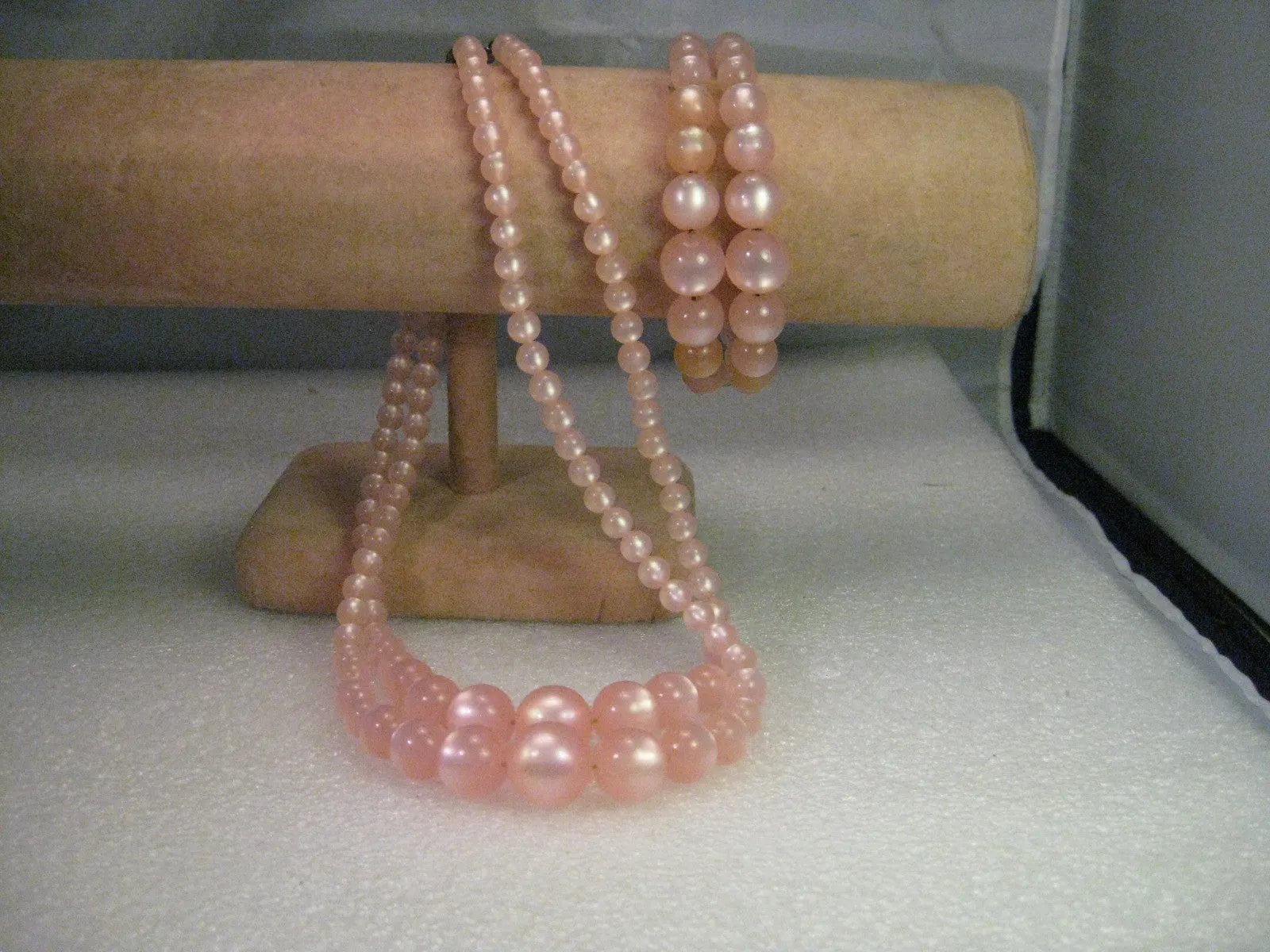 Vintage Necklace & Coiled Cuff Bracelet Set, Mid-Century, Pink Faux Moonglow, Double Strand