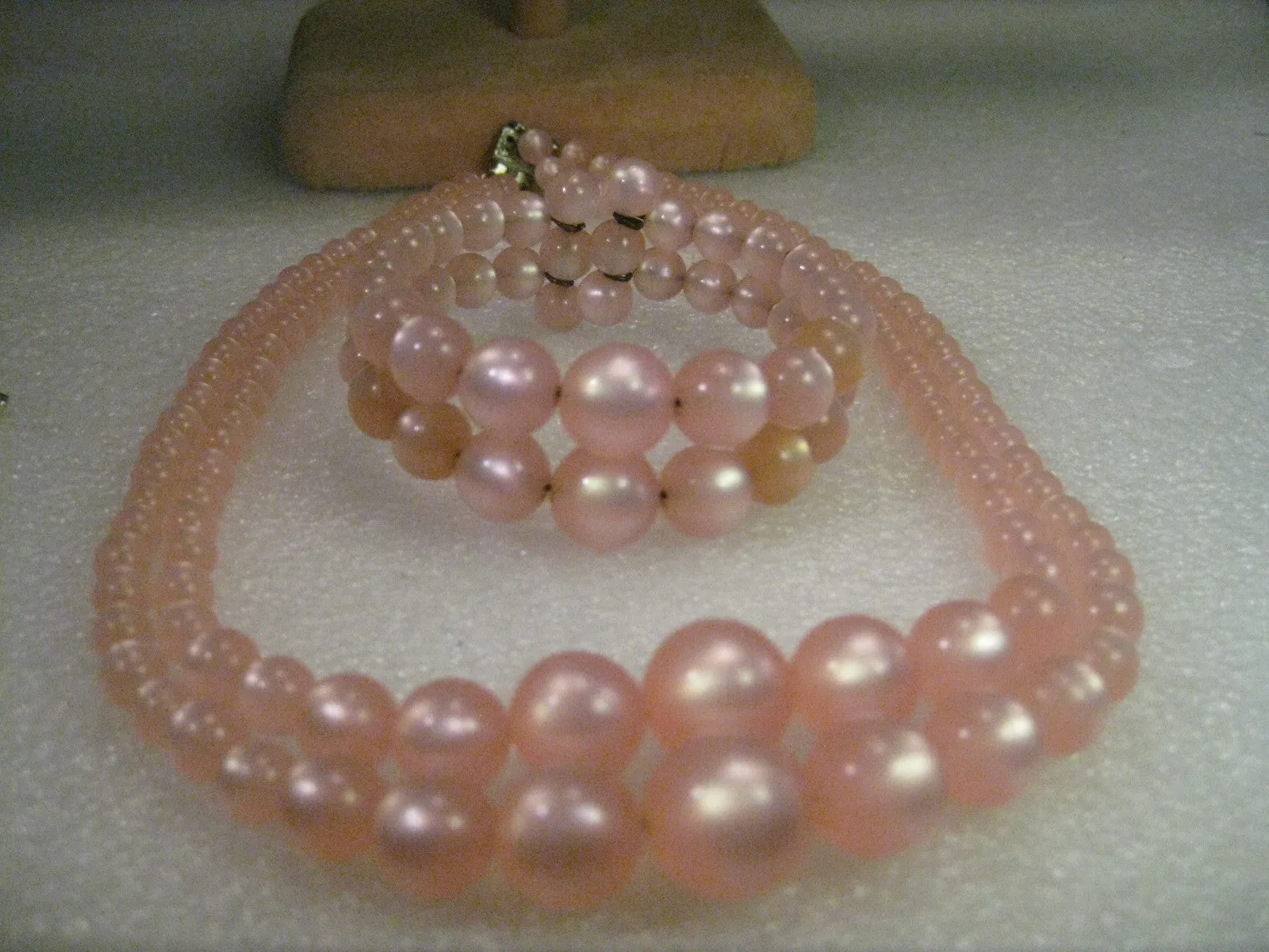 Vintage Necklace & Coiled Cuff Bracelet Set, Mid-Century, Pink Faux Moonglow, Double Strand