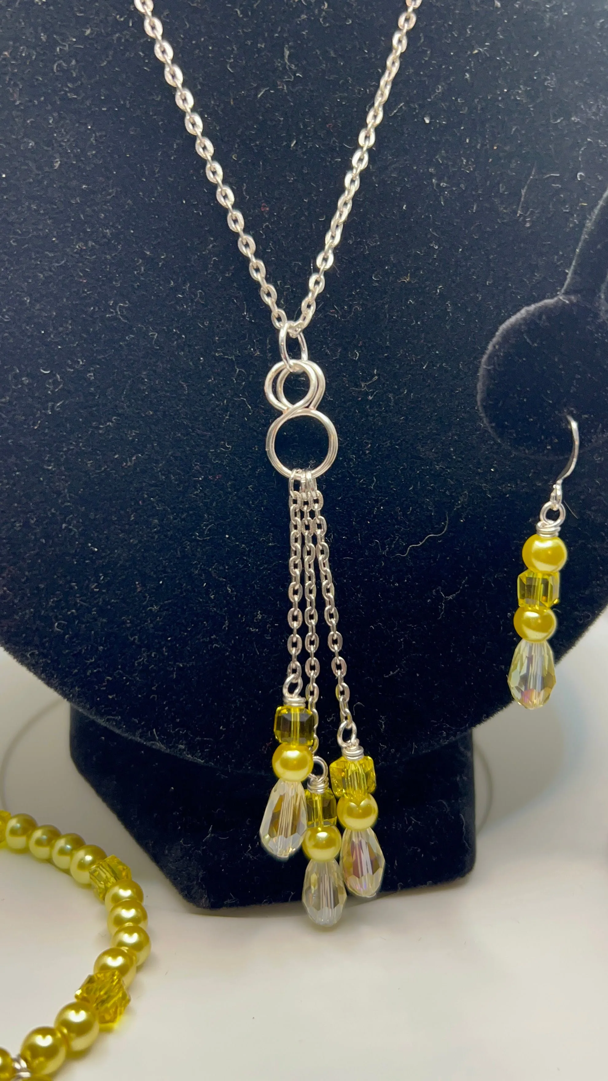 Yellow Teardrop Crystal, Cubed Crystal and Yellow Pearl Necklace 25-27in, Bracelet 6 1_2-8 and Earrings